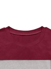 条纹拼接印花运动长袖上衣和裤子套装（春季款） - 酒紅色 - 查看 4