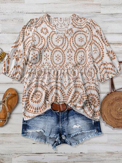 Women's Casual Comfortable Bamboo Knot Print Patchwork V-Neck Pullover Blouse