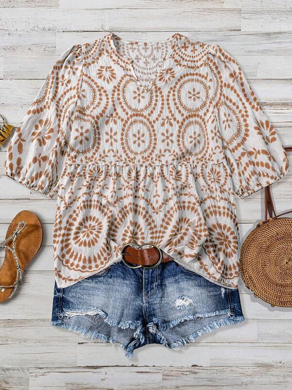 Blusa casual e comoda da donna, con stampa a nodo di bambù, effetto patchwork, scollo a V, adatta per l'estate e le vacanze