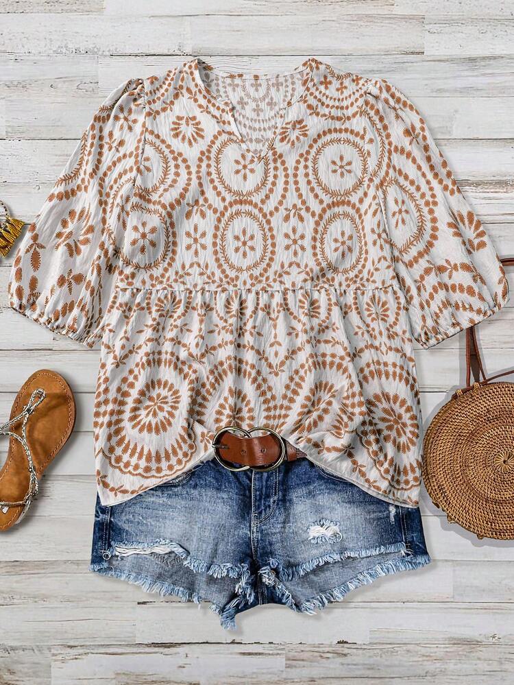 女士休闲舒适竹编打结印花拼接V领套头衫 夏季度假 - 玫瑰金 - 查看 1