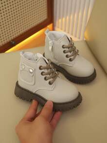 1 Paar Kinderstiefel, Unisex, Herbst-/Winterstil, neues Schnür- und Reißverschlussdesign, modisch und elegant, leicht und bequem, geeignet für Outdoor-Wanderungen. Stiefel - Beige - Übersicht 6