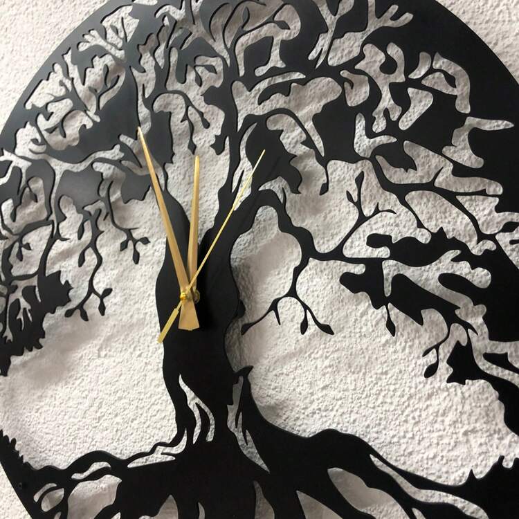 Tree Of Life Metal Wall Clock, Black Large Wall Clock, Silent Mid Century Wall Clock, Tree Clock, Modern Living Room Clock, Horloge Murale] Chic Metal Wall Wall Sculpture Detailed Cutout Metal Wall Decor Metal Tree Wall Decor Metal Wall Decor With Birds - Black - View 5