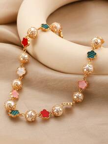 1 件时尚精致仿珍珠串珠项链，镂空花朵和三叶草设计优雅颈链，适合女性日常、派对、婚礼穿着或礼物 - 金黃色 - 查看 4