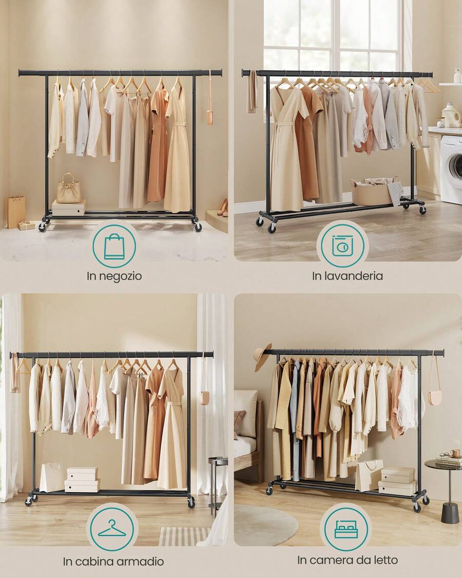 SONGMICS Stand Appendiabiti con Ruote, Attaccapanni Estensibile per Carichi Pesanti, Portata Totale 150 kg, 45 x (160-200) x 161,5 cm, Facile da Montare e Spostare, Nero - nero - Visualizzare 1