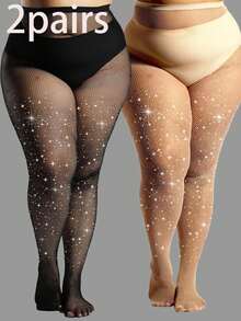 2 Pares de Meias-Calças de Rede Preta com Aplicações de Strass em Tom de Pele para Mulheres Plus Size, Meias-Calças de Malha Pequena de Alta Elasticidade, Meias Cintilantes para Dança em Boates, Adequadas para Todas as Estações, Estilo Gótico, Moda e Versáteis.