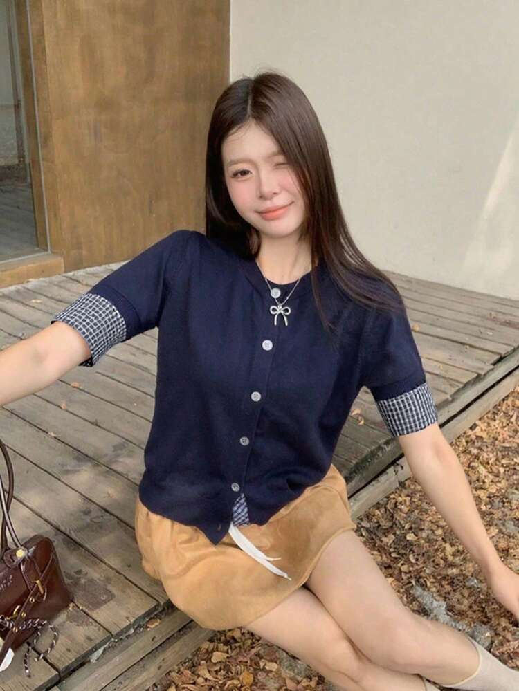 Knitted Cardigan Women Single-Breasted Top Jacket, Contrast Color Plaid Spring - Navy Blue - View 4