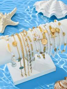 10 件套波西米亚海星和心形串珠脚链套装，适合约会、度假、日常装扮、派对礼物 - 銀色 - 查看 2