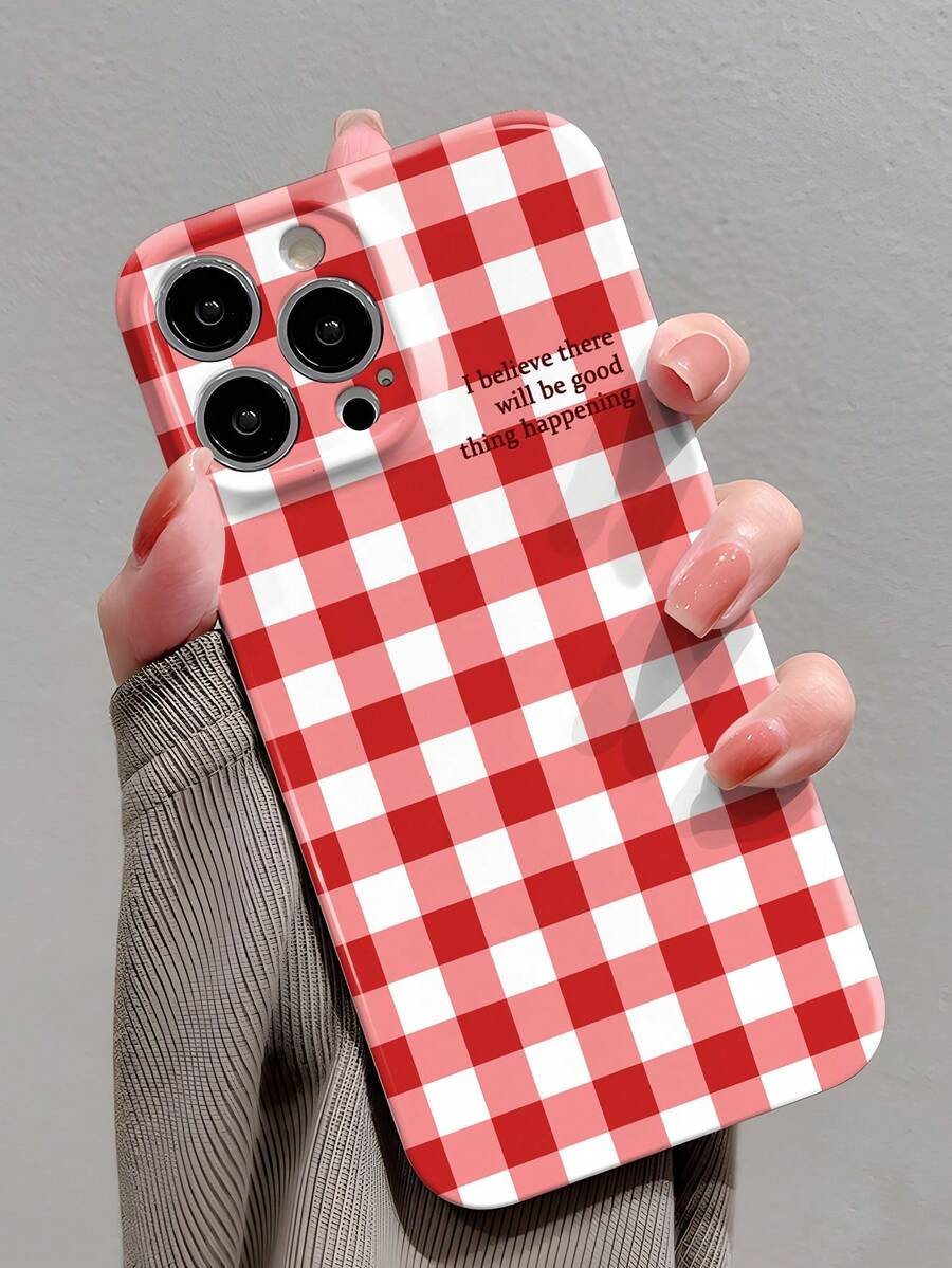 1pc Minimalist PC Material Colorful Plaid Slogan Pattern Perforated Glossy Hardshell Full Coverage Phone Case Compatible With IPhone 11/12/13/14/15/16 Pro Max - Multicolor - View 1