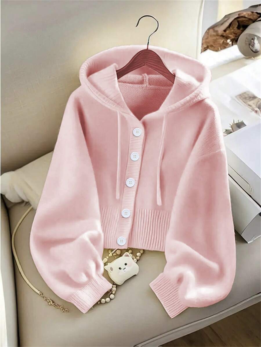 Women's Loose Hooded Cardigan - Comfortable Button Front Design, Casual Knit Sweater For Autumn/Winter - Pink - View 1