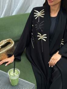 端庄女士阿拉伯迪拜串珠刺绣黑色阿巴雅长袍外套 - 黑色 - 查看 5