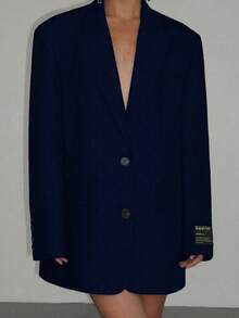 Women's Navy Blue Casual Loose Blazer Jacket With Letter Print, Suitable For Banquet, Wedding, Festival, Party, Women's Halloween, Christmas Outfits And More Occasions