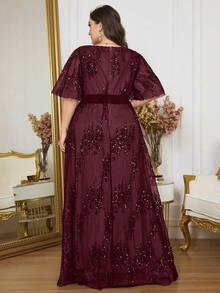 Plus Size Burgundy V-Neck Long Dress With Ruffle Sleeves And Sequin Decor