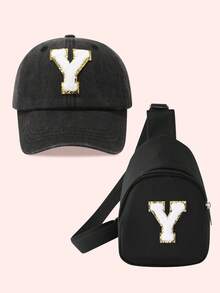 2件套儿童男童纯色26字母棒球帽和卡车帽配迷你背包套装，女童2件套轻便便携式零钱包，适合日常户外防晒