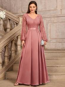 MIUSOL Đầm dạ hội maxi cổ chữ V sâu, ren hoa, phối màu tương phản, chất liệu satin, tay phồng. - Bụi hồng - Xem 8