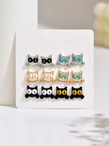 6 أزواج من أقراط الأذن ذات الطراز الجوتي بتصميم قطة سوداء كرتونية جميلة، مجموعة مجوهرات هالوين، اكسسوارات حفلة العطلات