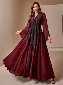 Women's Embroidered V-Neck Color Block Elegant Dress - Burgundy - View 6