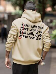 男士秋冬信仰力量图案连帽卫衣，标语与态度，长袖上衣