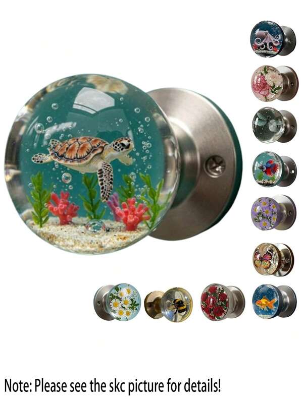Vintage Round Resin Door Knob - Realistic Fish And Flower Design, Crystal Clear Ball Door Knob, Artistic Nature Style Decor, Unique Decorative Door Knob, Vintage Round Resin Epoxy Flower Door Knob, Flower And Animal Design, Artistic Unique Door Knob For Modern/Classic Bedroom, Nature Themed Home Decor