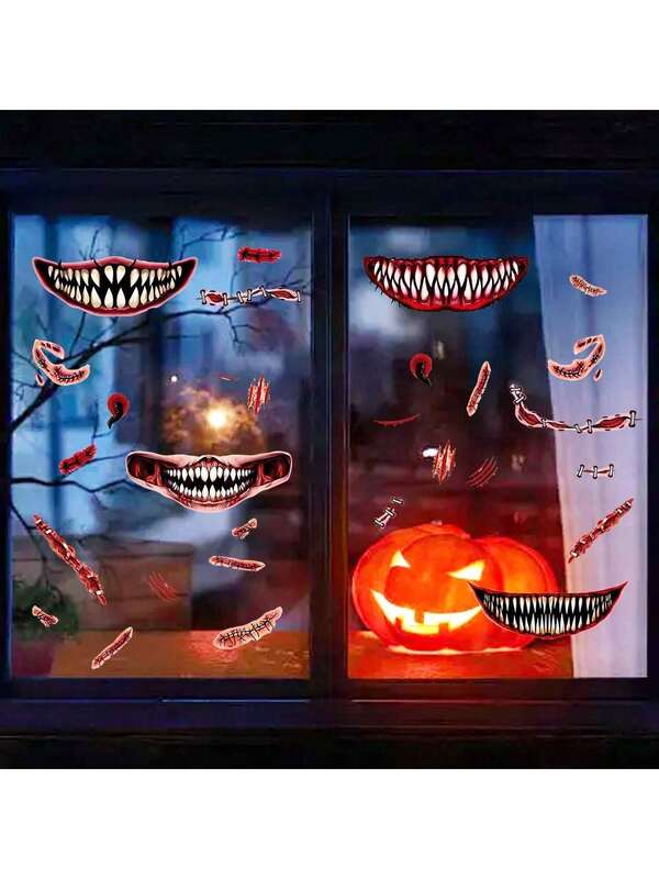 1pc Halloween Horror Big Mouth Sharp Teeth Static Sticker, Halloween Decor, Glass Window Sticker, Autumn Decoration