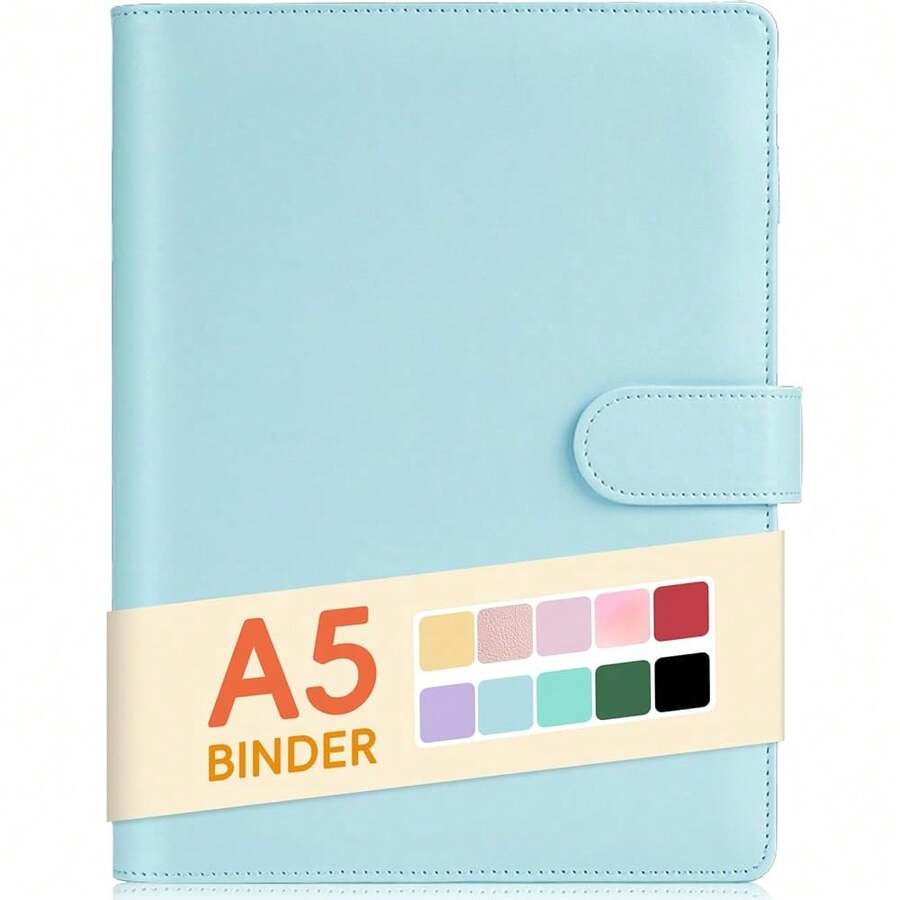 Sooez A5 Notebook Binder, 6 Ring Planner With Stylish Design, Loose Leaf Personal Organizer Cover With Magnetic Buckle Closure, PU Leather Binder For Women With Macaron Colors (Navy Blue)-199606 - Xanh bạc hà - Xem 1