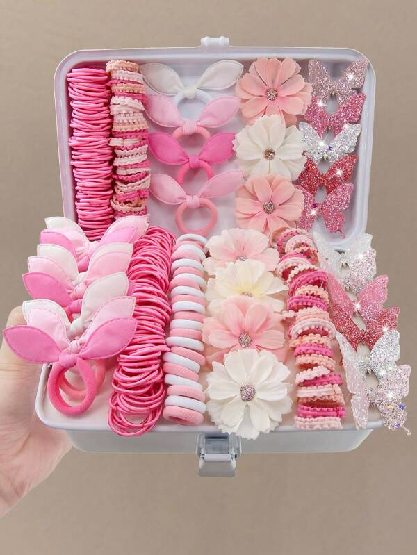 170 pièces Clips à cheveux en fleurs fausses ton rose, accessoires de cheveux mignons de princesse, élastiques et durables, chouchous, serre-têtes en forme d'oreilles de lapin, épingles à cheveux en forme de papillon et de canard, décorations de cheveux polyvalentes à la mode, convenant à un usage quotidien et en cadeau