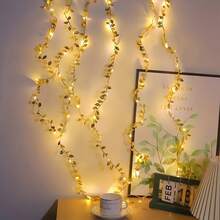 Golden Leaf Garland Fairy Lights – 6.56ft Christmas Rope Lighting With 20 LED, Battery Operated Indoor String Lights For Bedroom, Wedding, Home Decor – Plastic, Switch Control, No Plug/Battery