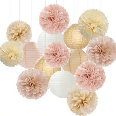 Party-Decorations Paper-Flowers Lanterns - 15PCS Boho Fall Rustic Tissue Pom Poms ,Wedding Bridal Shower Neutral Autumn Birthday Hanging Supplies Decor