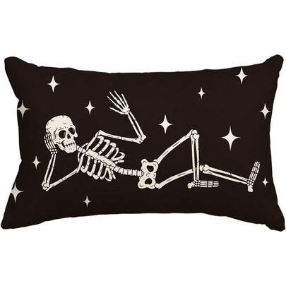 1PC Halloween Skeleton Pillow Cover, 12 X 20 Inches Skeleton Festival Farmhouse Cushion Decor For Sofa, Single-Sided Without Insert.