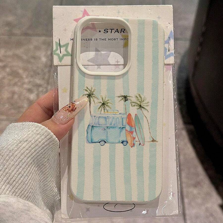 1个TPU材质夏季椰子树和冲浪板条纹图案手机壳，兼容苹果手机 - 白色 - 查看 1