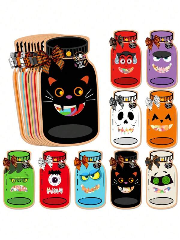19 pièces Sacs d'emballage en papier pour bonbons en forme de bocal de Halloween, comprenant 9 pièces de cartes + 9 pièces de sacs transparents + 1 9 pièces de colle. Sacs d'emballage de cartes de bonbons en papier thème Halloween en forme de bocal, créatifs pour la décoration, les cadeaux, les bonbons et les fournitures de fête d'Halloween. Convient pour la maison, la fête, la cuisson