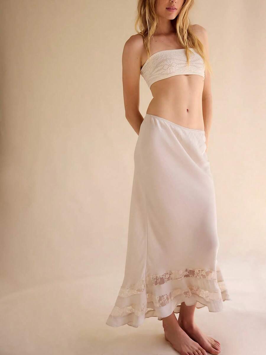 Women's Midi Skirt Elastic  Low Waisted A Line Swing Lace Ruffle Hemline Elegant Beach Vacation Summer Long Skirts - 白色 - 查看 1