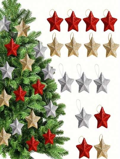 6/12 sztuk brokatowych zawieszek w kształcie gwiazdek, ozdoby choinkowe w kształcie pięcioramiennej gwiazdy, świąteczne ozdoby na czubku, efektowny plastik, bez baterii, do dekoracji świątecznych w domu i kuchni