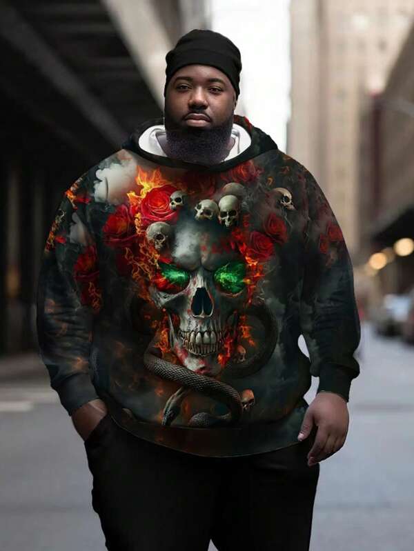 Sudadera con capucha de manga larga con estampado 3D de calavera para hombres de talla grande, sudadera con capucha de moda para actividades al aire libre, deporte, uso casual