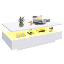 Coffee Table With Storage, High Glossy 16 Colour Adjustable LED, Open Display Shelf & 4 Drawers, White - White - View 9