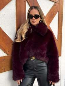 Camellia New Autumn/Winter Women's Fashion Casual Minimalist Faux Fur Effect Jacket - Burgundy - View 5