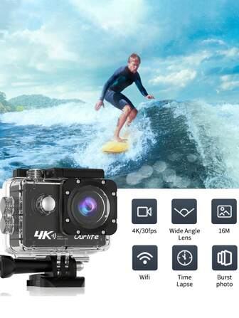 Caméra 4K ultra haute définition - 650 mAh, étanche, prise en charge Wi-Fi, choix idéal pour les sports de plein air, grand écran 4,2 pouces et écran standard 2,0 pouces, objectif grand angle 140° pour capturer les moments merveilleux des sports de plein air, convient pour la plongée sous-marine, le snorkeling, les sports de plein air, la photographie sous-marine, enregistrement vidéo haute résolution