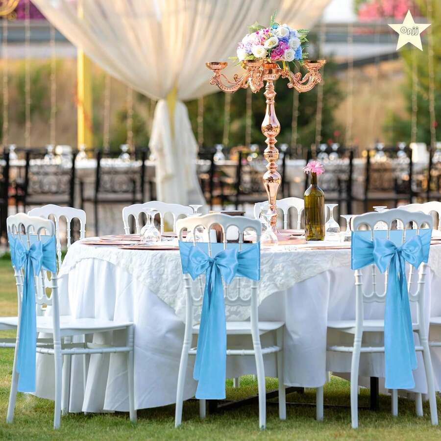 6/16pcs Blue Satin Bowknot Chair Sash, Universal Chair Ribbon DIY Backstrap, Suitable For Wedding, Party, Reception, Event, Banquet, Hotel, Home Chair Decor (7x108 Inches)