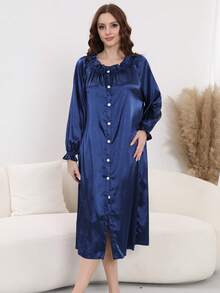 Satynowa koszula nocna z falbanką dla kobiet, rozkładana piżama z odkrytymi ramionami i długim rękawem, wygodna sukienka domowa, przytulne stroje