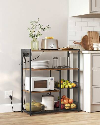 VASAGLE Estantería de Cocina con 2 Cestas de Malla, Estantería para Microondas, Estación de Carga, con Estantes y Ganchos, 35 x 80 x 93,5 cm, Estilo Industrial, Marrón Rústico y Negro Tinta