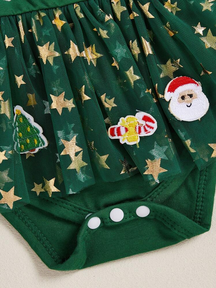 Vestido navideño para niñas pequeñas, manga larga, letras navideñas, estrellas y diadema. - Verde - Añade 8