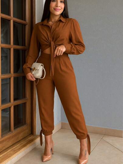 CONJUNTO FEMININO DUAS PEÇAS CALÇA E CAMISA MANGA LONGA COM BOTÕES ELEGANTE PREMIUM BOHO