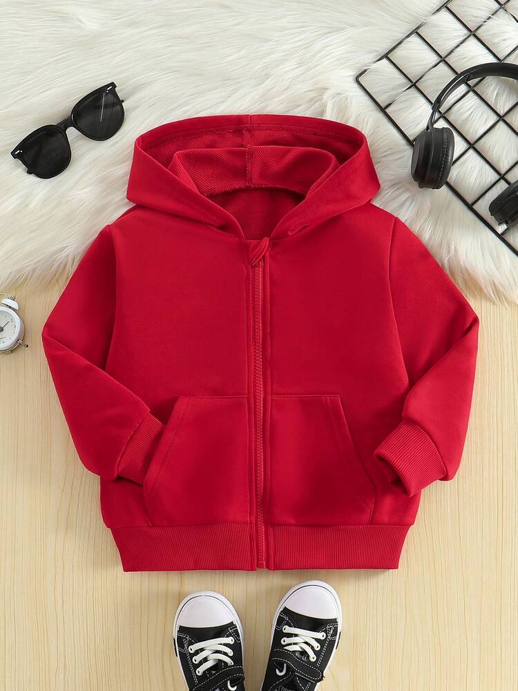 Chaqueta con capucha de manga larga y cremallera de unicolor para niño - Rojo - Añade 1