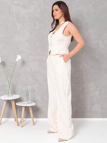 Women's Vest And Tailored Trousers Set - 米色 - 查看 3