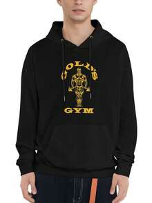 Men's Golds Gym Print Hoodie -  Pocket, Long Sleeve, Hooded, Loose Fit, Casual, Autumn Winter Wear, Perfect Gift For Him - 黑色 - 查看 3