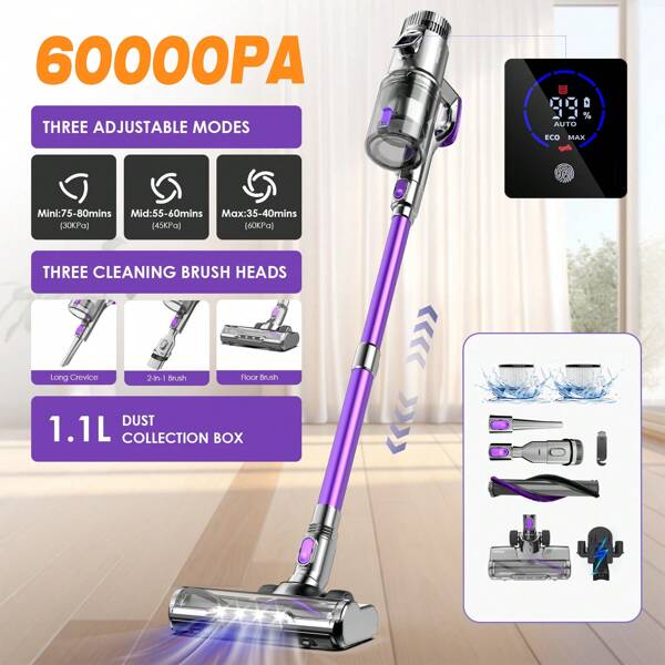 Fixtfixer Aspirateur sans fil / 60 000 PA / Aspirateur sans fil 6 en 1 / Avec brosse anti-torsion / Autonomie 80 minutes / Aspirateur 1,1 L / Aspirateur sans fil avec écran LED / Aspirateur balai pour poils d'animaux, sols durs et tapis