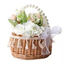 1 pieza Canasta de flores tejida para boda con asa de perlas falsas, decoración elegante con moño, portátil y multifuncional para almacenamiento en el hogar y organizador de varios usos, Navidad, San Valentín, Acción de Gracias con estilo rústico y campestre