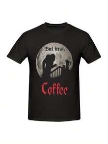 Camiseta impresa de café Nosferatu But First, divertida, de manga corta, suelta y de gran tamaño para hombres - Negro - Ver 1