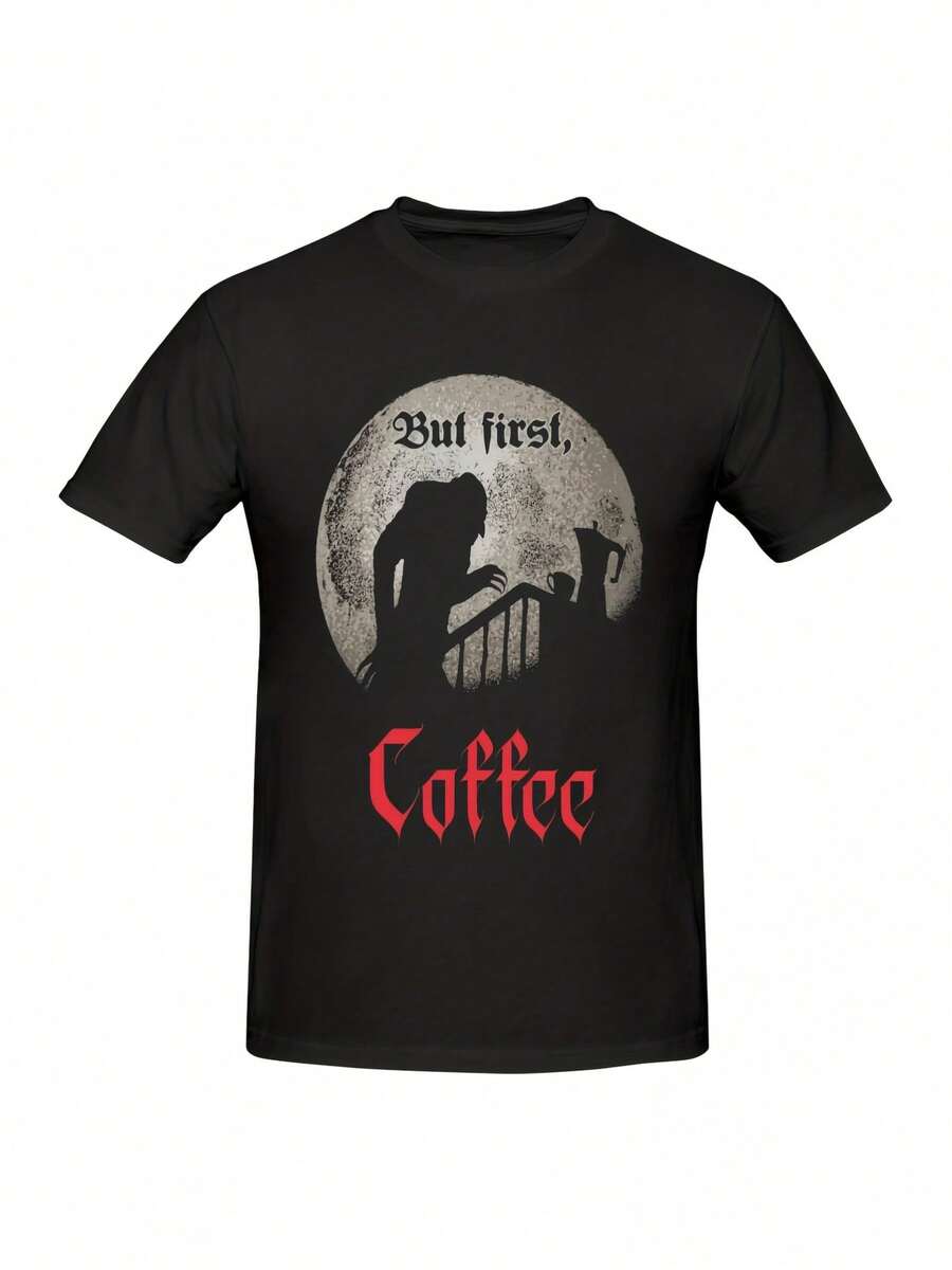 Camiseta impresa de café Nosferatu But First, divertida, de manga corta, suelta y de gran tamaño para hombres - Negro - Ver 1