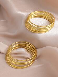 Bộ 6 vòng tay kim loại mạ vàng 18K, kiểu dáng cổ điển tối giản, chất liệu sắt, thích hợp đeo hàng ngày. - Vàng - Xem 3