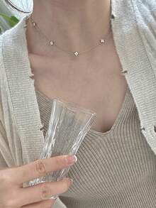 1 件女士多层流苏铜镶嵌锆石四叶项链，日常佩戴珠宝礼物（无礼盒） - 銀色 - 查看 3